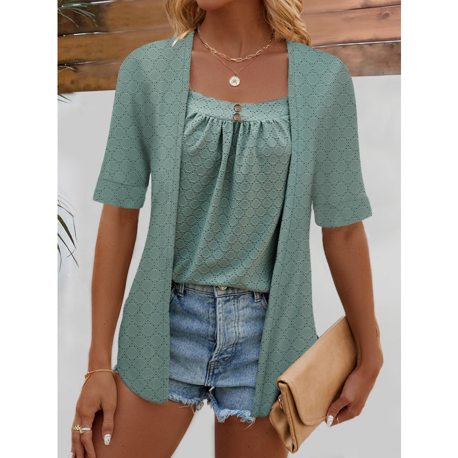 Full Size Faux Layered Decorative Button Half Sleeve Blouse Air Force Blue / S Apparel and Accessories