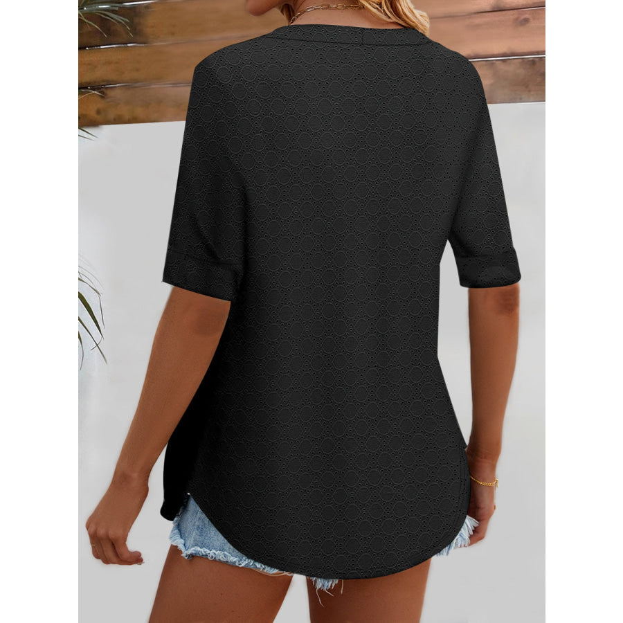 Full Size Faux Layered Decorative Button Half Sleeve Blouse Apparel and Accessories