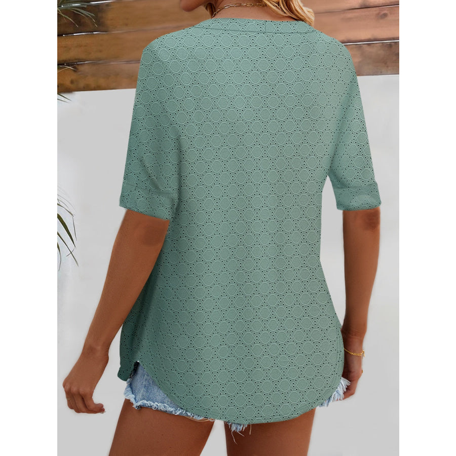 Full Size Faux Layered Decorative Button Half Sleeve Blouse Air Force Blue / S Apparel and Accessories