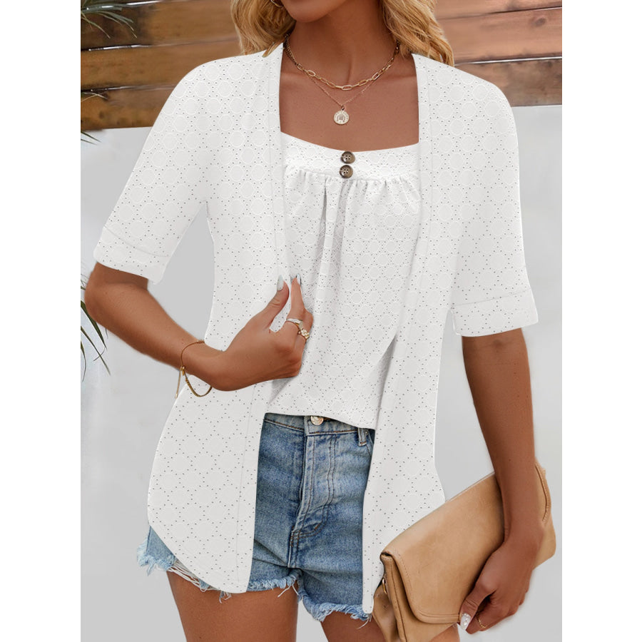 Full Size Faux Layered Decorative Button Half Sleeve Blouse Apparel and Accessories