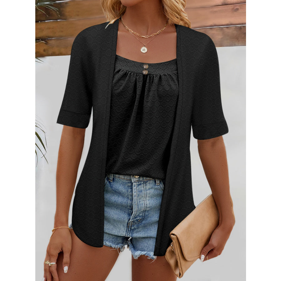 Full Size Faux Layered Decorative Button Half Sleeve Blouse Black / S Apparel and Accessories