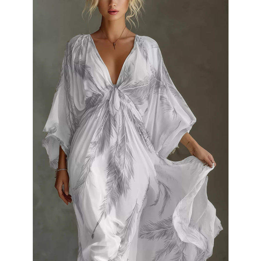 Full Size Feather Print V-Neck Flowy Maxi Dress Plus Apparel and Accessories