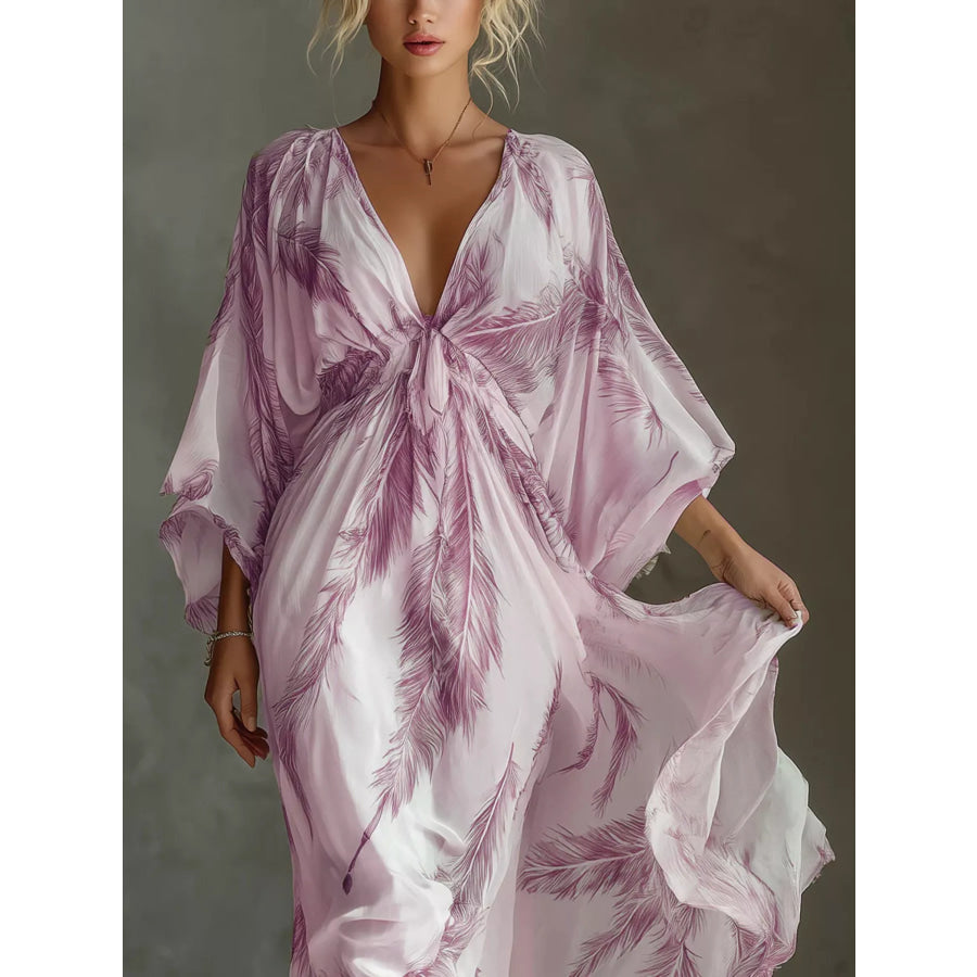 Full Size Feather Print V-Neck Flowy Maxi Dress Plus Apparel and Accessories
