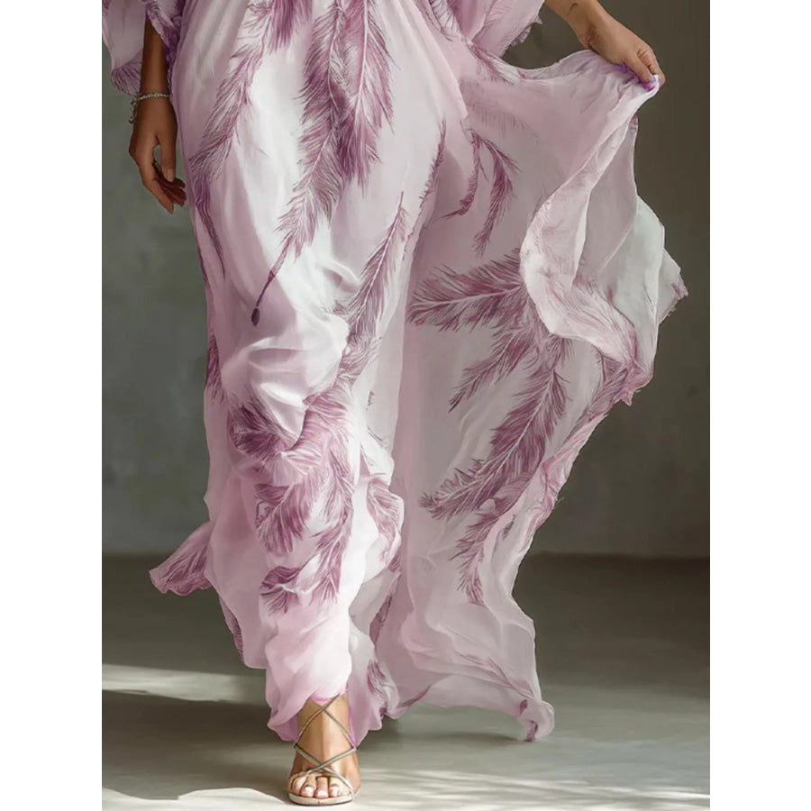 Full Size Feather Print V-Neck Flowy Maxi Dress Plus Apparel and Accessories