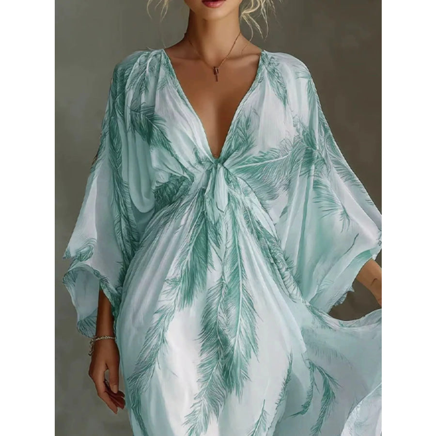 Full Size Feather Print V-Neck Flowy Maxi Dress Plus Apparel and Accessories