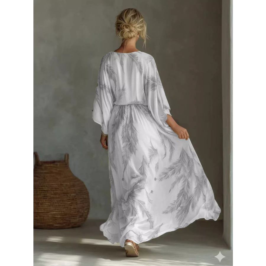 Full Size Feather Print V-Neck Flowy Maxi Dress Plus Apparel and Accessories