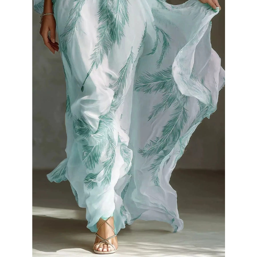 Full Size Feather Print V-Neck Flowy Maxi Dress Plus Apparel and Accessories