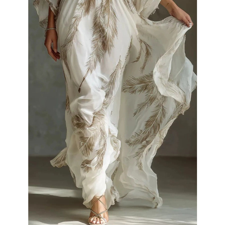 Full Size Feather Print V-Neck Flowy Maxi Dress Plus Apparel and Accessories