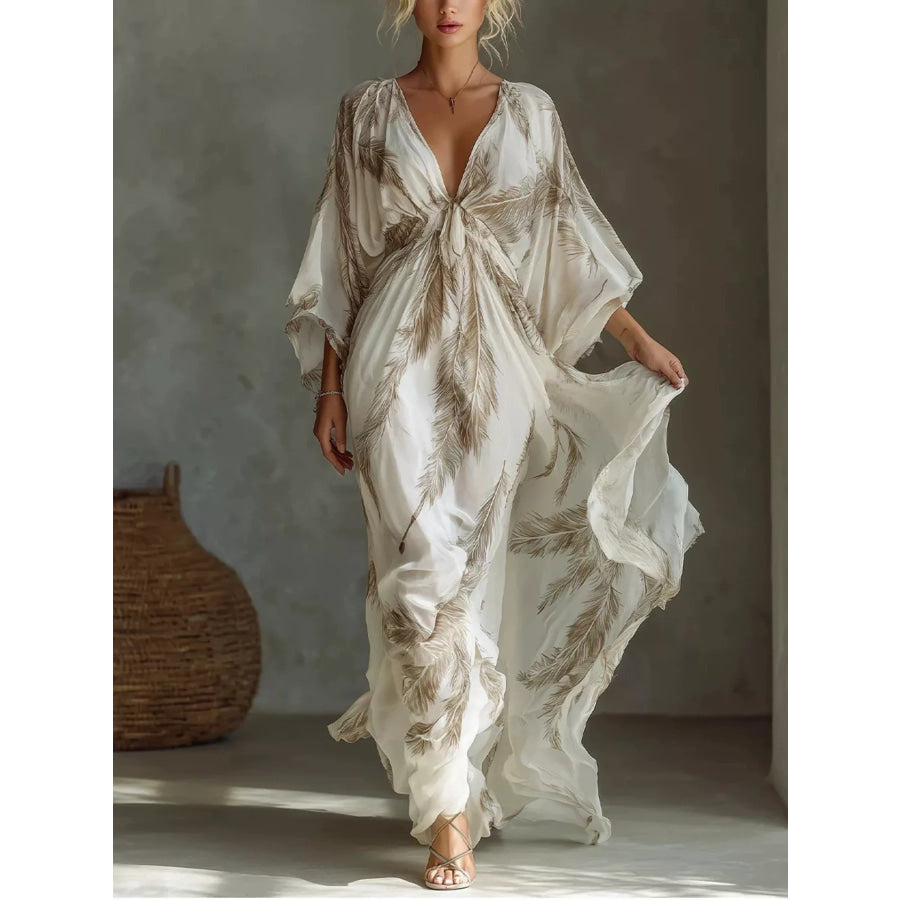 Full Size Feather Print V-Neck Flowy Maxi Dress Plus Beige / S Apparel and Accessories