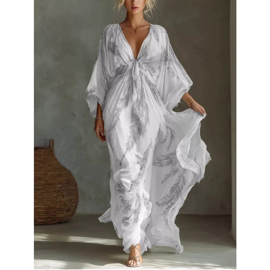 Full Size Feather Print V-Neck Flowy Maxi Dress Plus Gray / S Apparel and Accessories