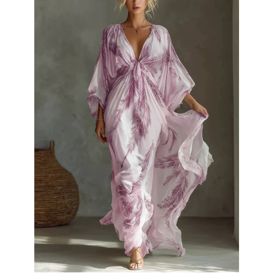 Full Size Feather Print V-Neck Flowy Maxi Dress Plus Pink / S Apparel and Accessories