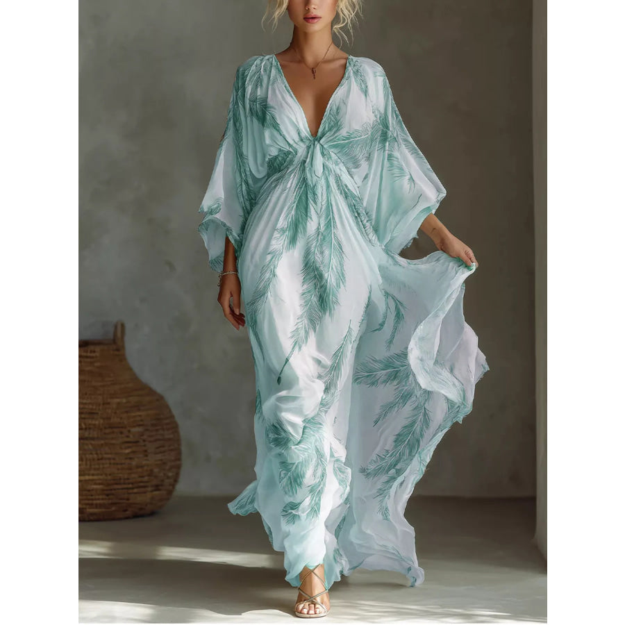 Full Size Feather Print V-Neck Flowy Maxi Dress Plus Turquoise / S Apparel and Accessories