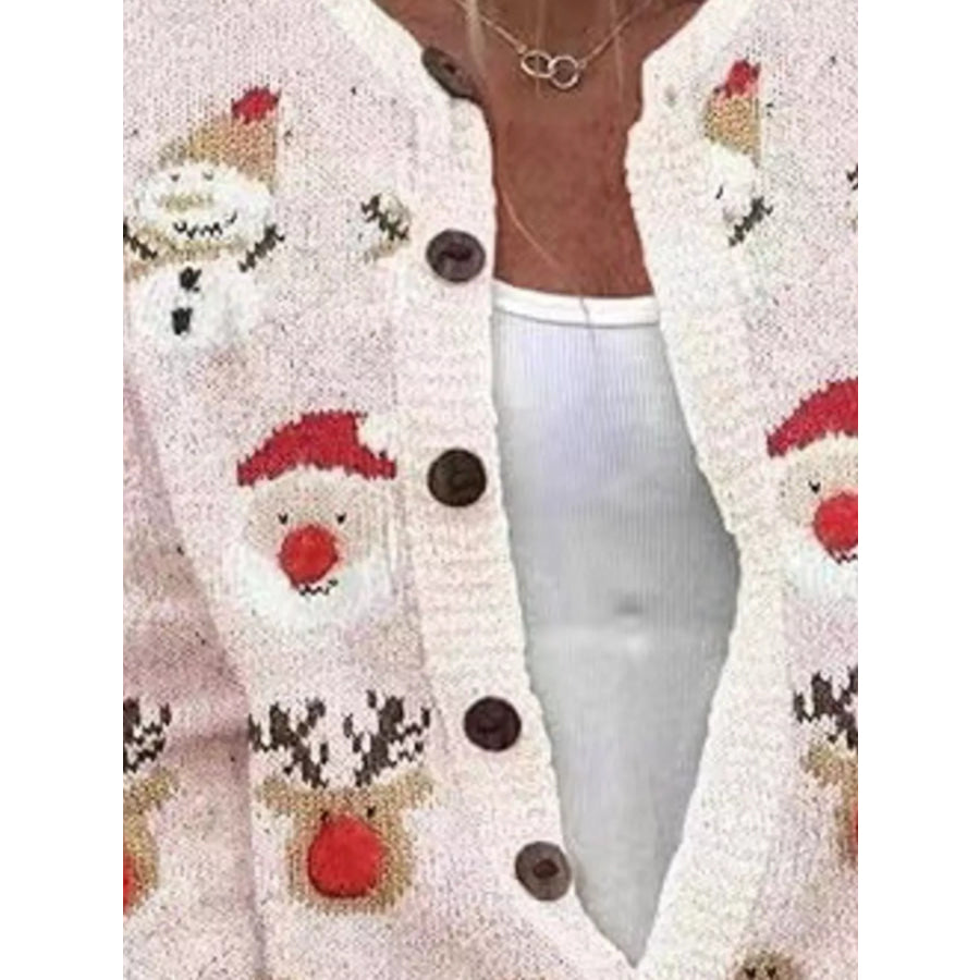 Full Size Festive Christmas Pattern Knit Cardigan with Button-Down Closure Plus Apparel and Accessories