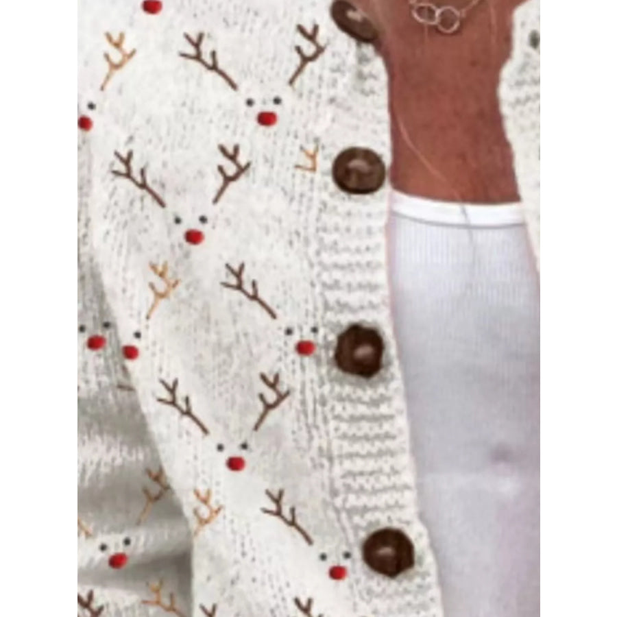 Full Size Festive Christmas Pattern Knit Cardigan with Button-Down Closure Plus Apparel and Accessories