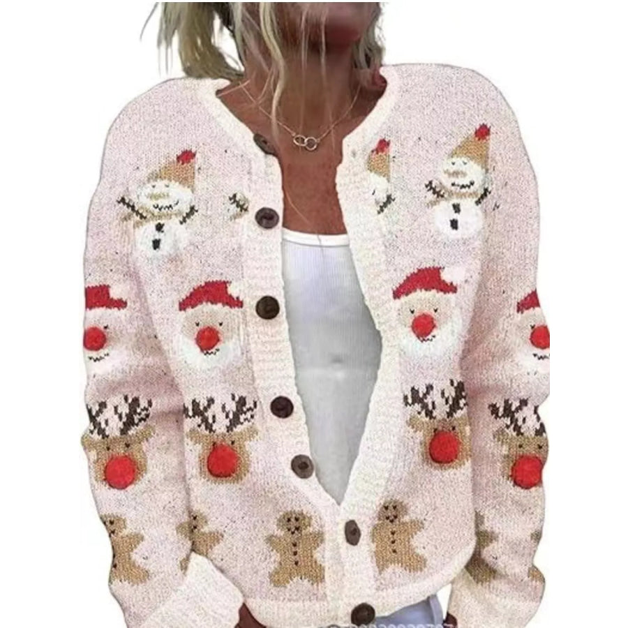 Full Size Festive Christmas Pattern Knit Cardigan with Button-Down Closure Plus Blush Pink / S Apparel and Accessories