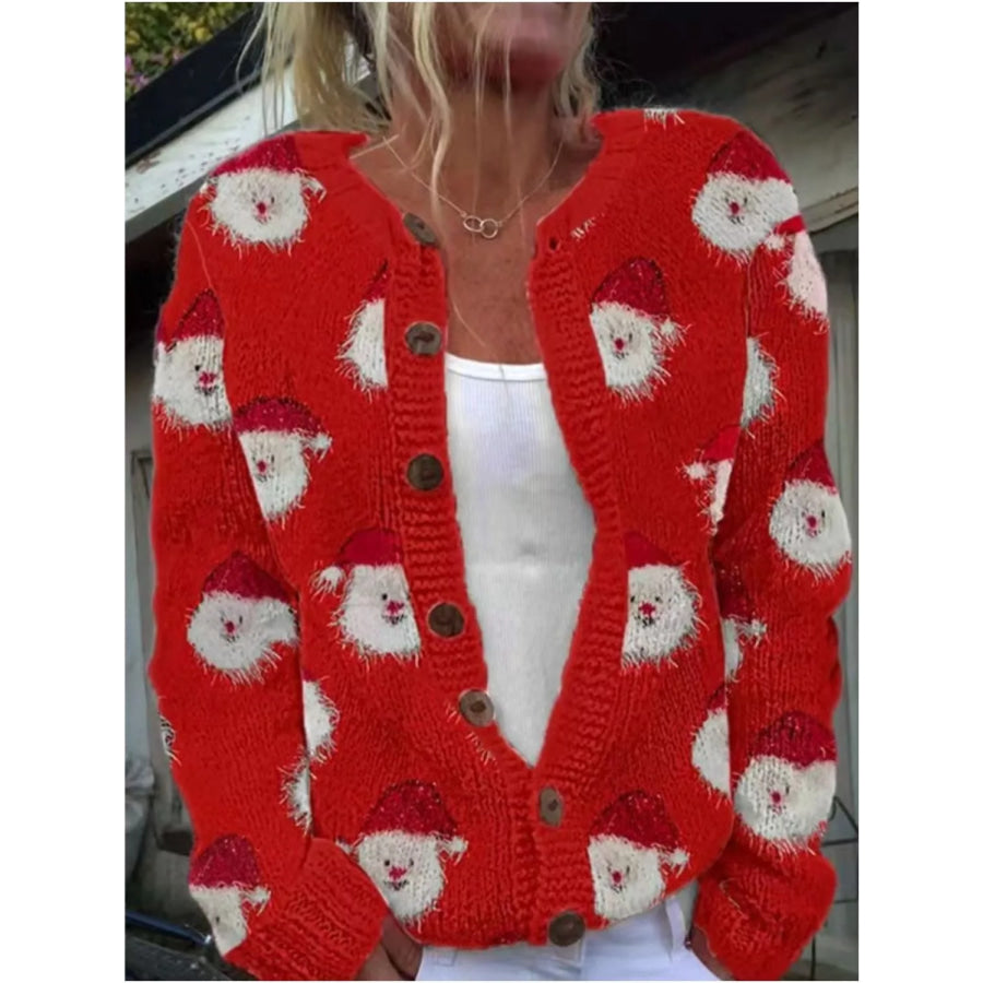 Full Size Festive Christmas Pattern Knit Cardigan with Button-Down Closure Plus Scarlet / S Apparel and Accessories