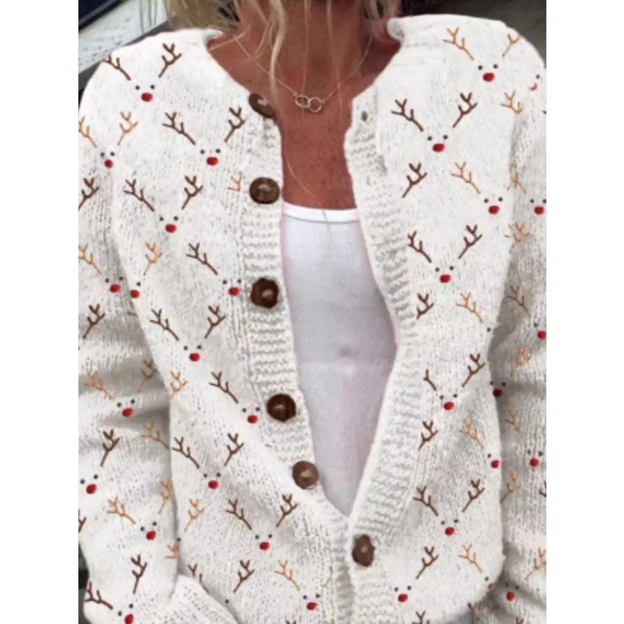 Full Size Festive Christmas Pattern Knit Cardigan with Button-Down Closure Plus White / S Apparel and Accessories
