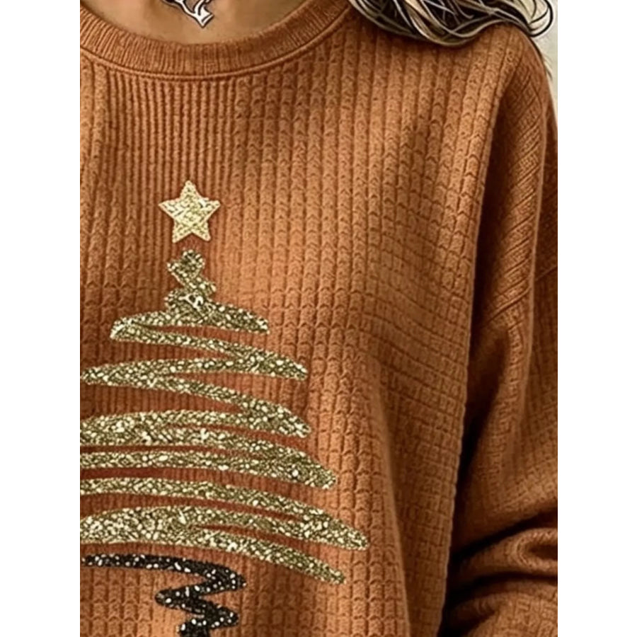 Full Size Festive Christmas Tree Graphic Ribbed Sweatshirt Plus Apparel and Accessories