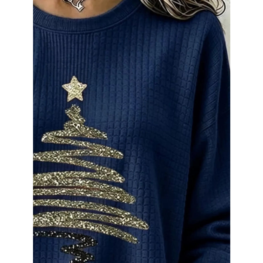 Full Size Festive Christmas Tree Graphic Ribbed Sweatshirt Plus Apparel and Accessories