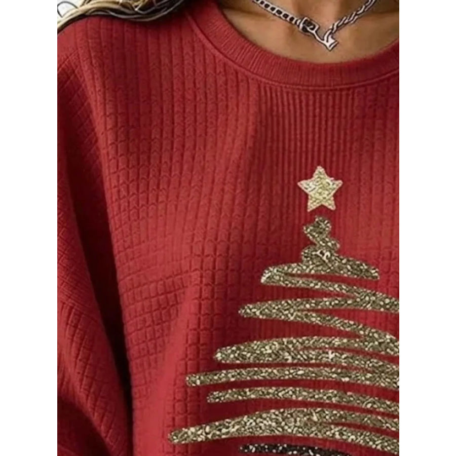 Full Size Festive Christmas Tree Graphic Ribbed Sweatshirt Plus Burgundy / XS Apparel and Accessories