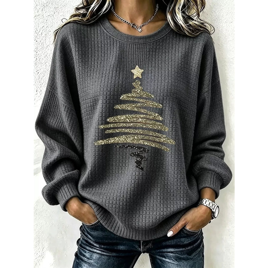 Full Size Festive Christmas Tree Graphic Ribbed Sweatshirt Plus Apparel and Accessories
