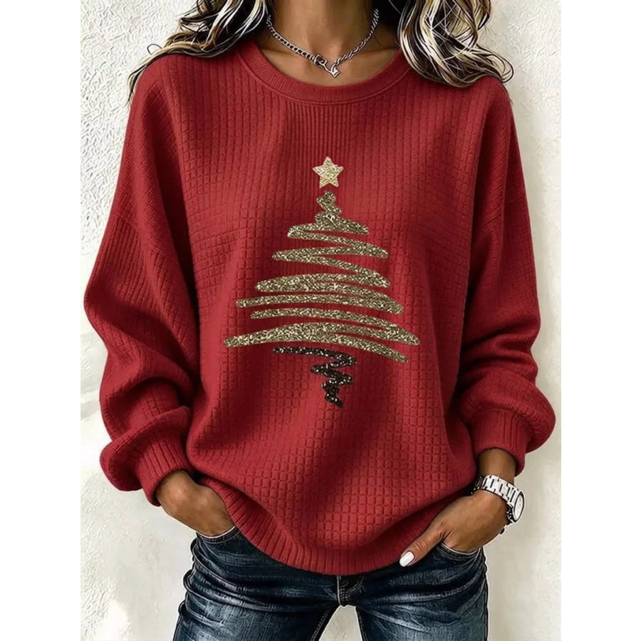 Full Size Festive Christmas Tree Graphic Ribbed Sweatshirt Plus Burgundy / XS Apparel and Accessories