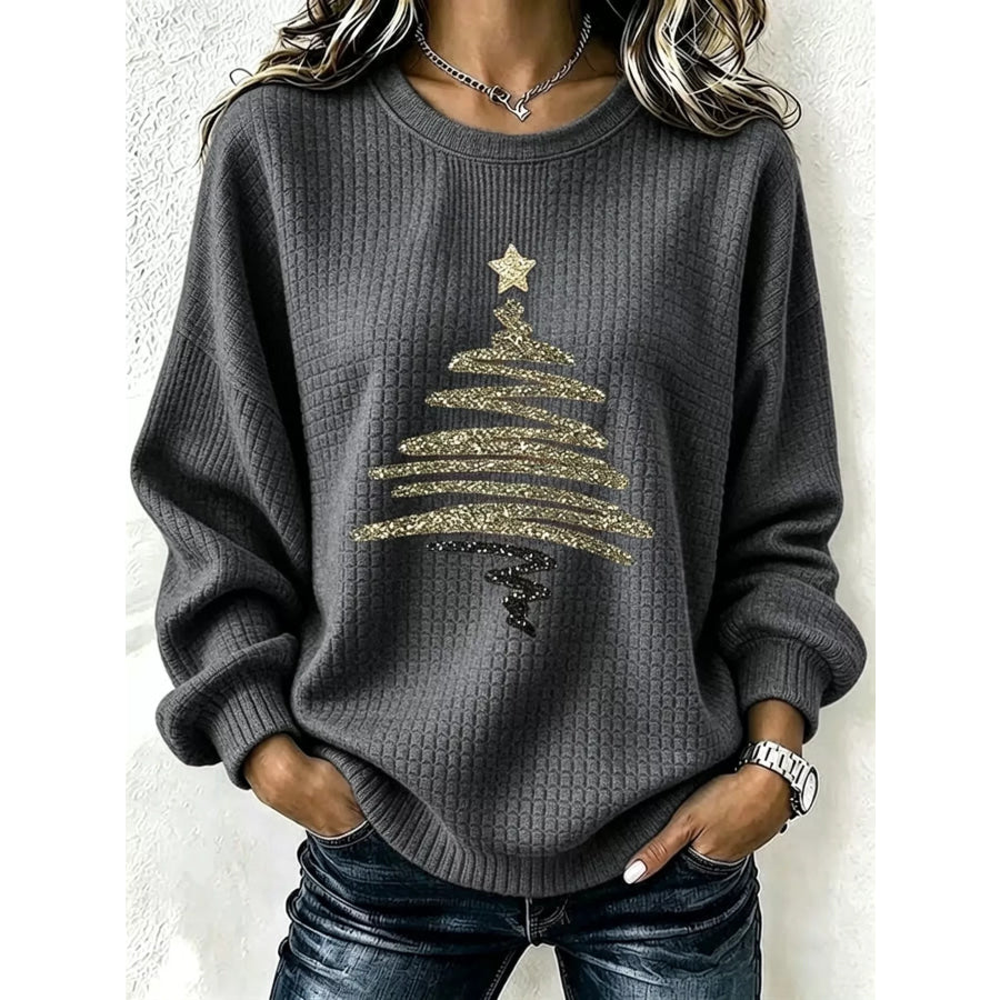 Full Size Festive Christmas Tree Graphic Ribbed Sweatshirt Plus Dark Gray / XS Apparel and Accessories