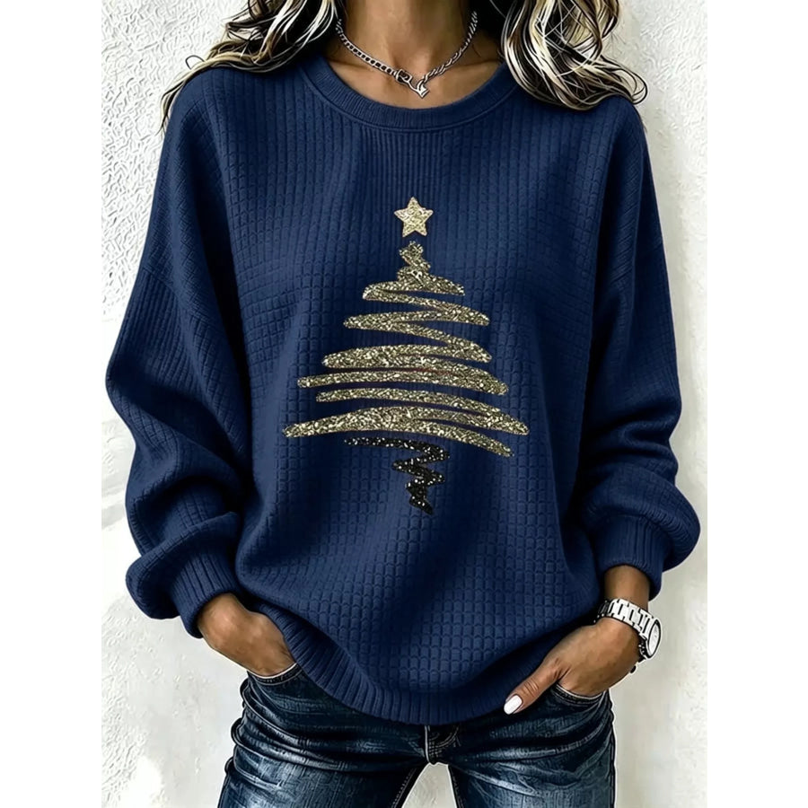 Full Size Festive Christmas Tree Graphic Ribbed Sweatshirt Plus Dark Navy / XS Apparel and Accessories