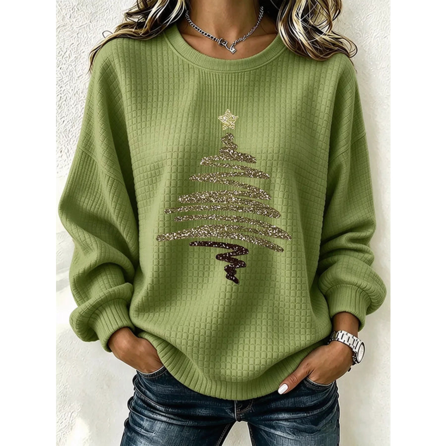Full Size Festive Christmas Tree Graphic Ribbed Sweatshirt Plus Lime / XS Apparel and Accessories