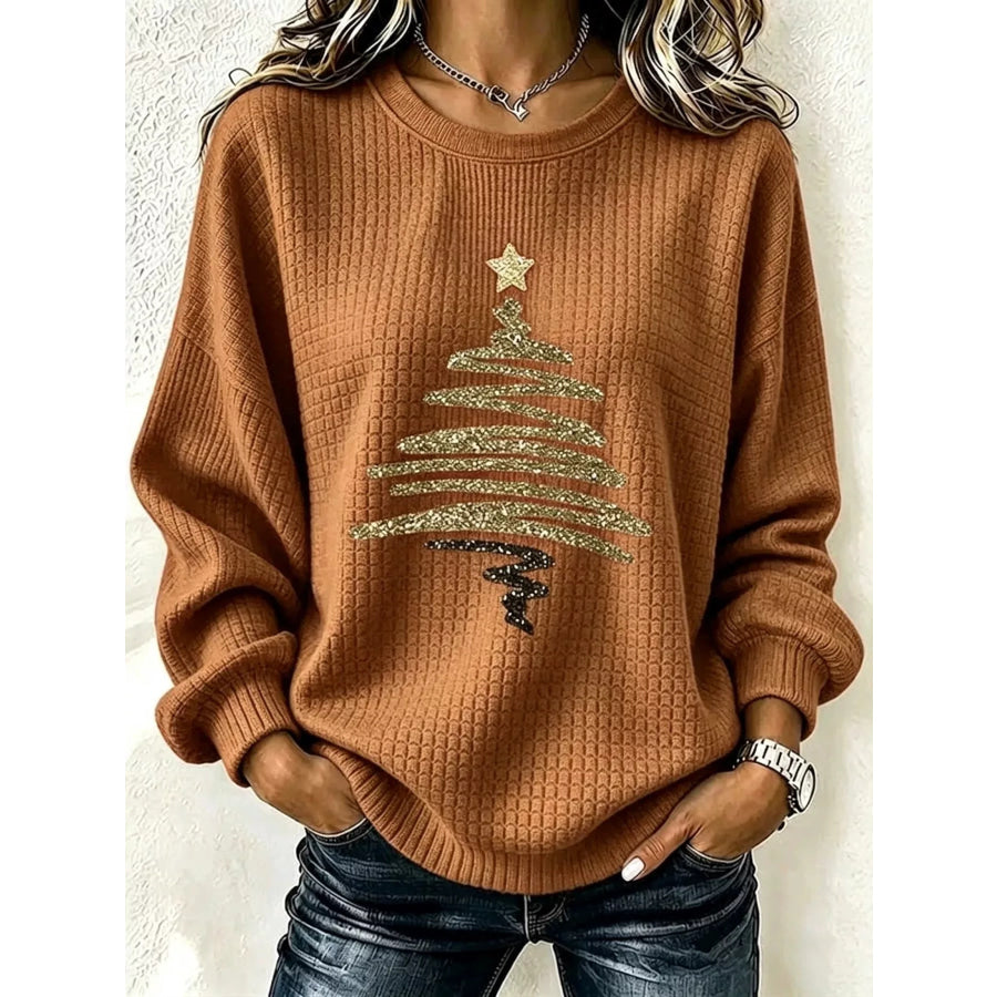 Full Size Festive Christmas Tree Graphic Ribbed Sweatshirt Plus Sherbet / XS Apparel and Accessories