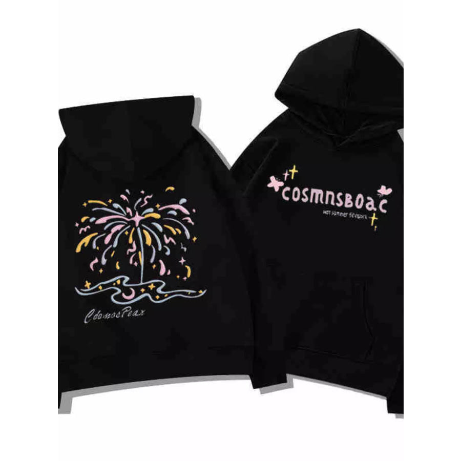 Full Size Fireworks Graphic Kangaroo Pocket Hoodie Plus Black / XS Apparel and Accessories
