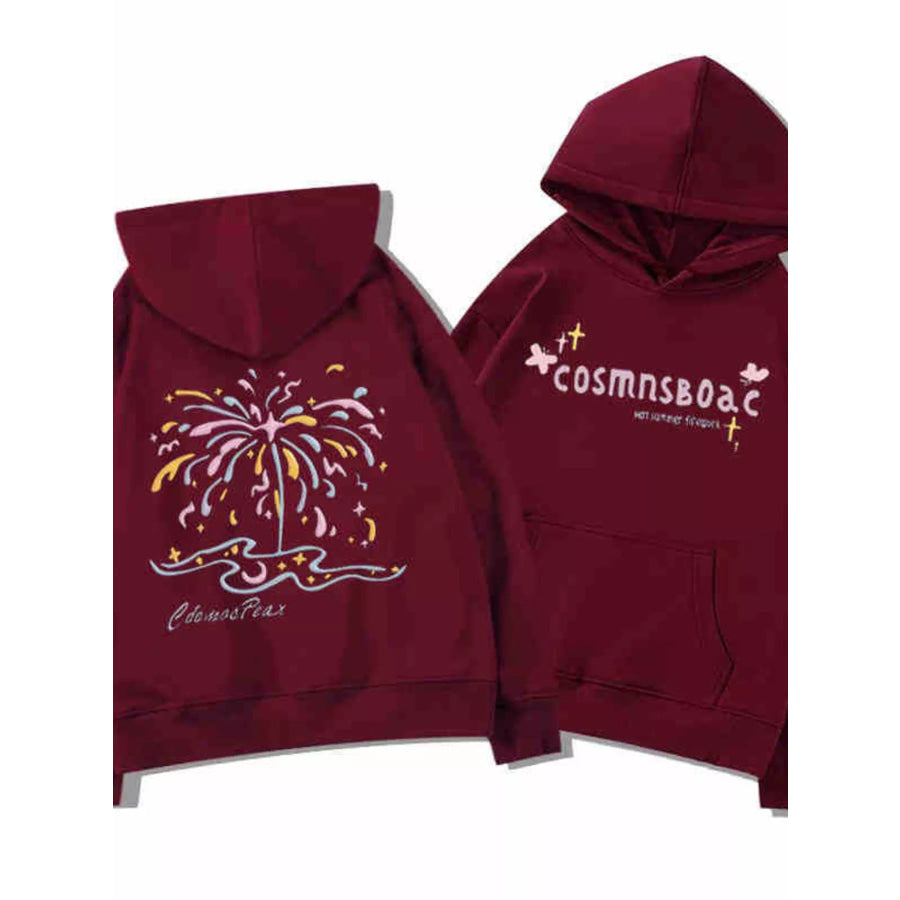 Full Size Fireworks Graphic Kangaroo Pocket Hoodie Plus Burgundy / XS Apparel and Accessories