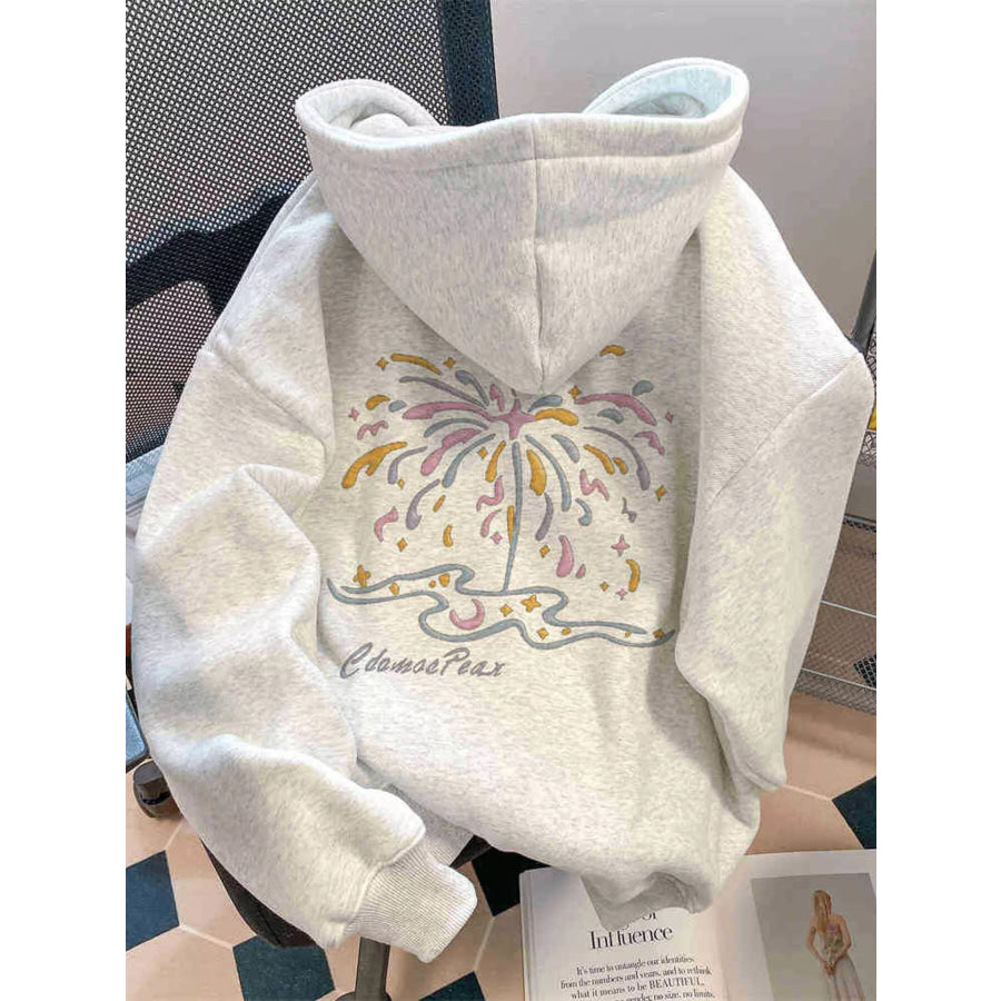 Full Size Fireworks Graphic Kangaroo Pocket Hoodie Plus Gray / XS Apparel and Accessories