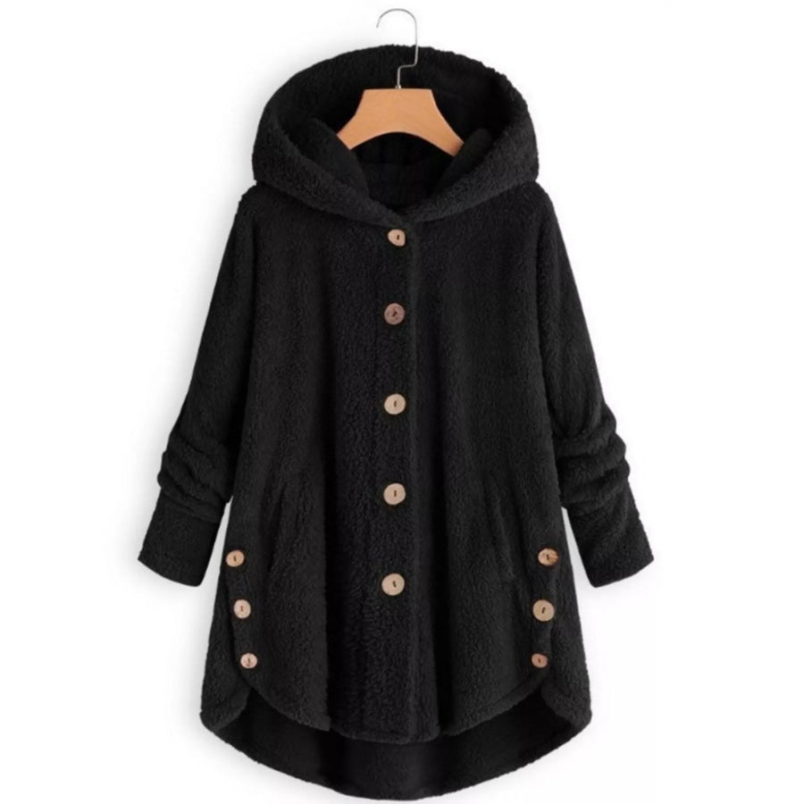 Full Size Fleece Button-Down Hooded Outerwear Plus Grey / S Apparel and Accessories