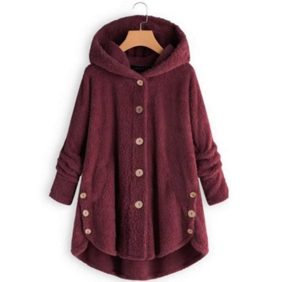 Full Size Fleece Button-Down Hooded Outerwear Plus Burgundy / S Apparel and Accessories
