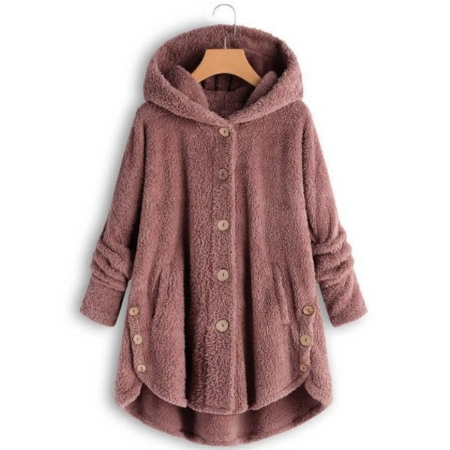 Full Size Fleece Button-Down Hooded Outerwear Plus Dark Pink / S Apparel and Accessories