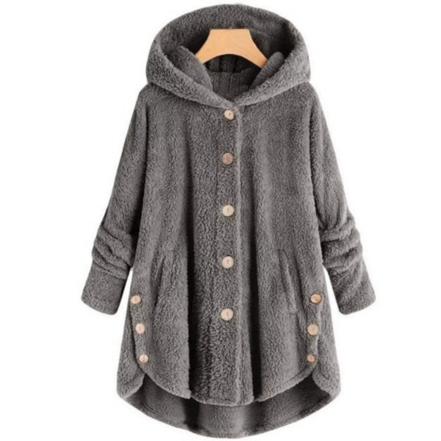 Full Size Fleece Button-Down Hooded Outerwear Plus Grey / S Apparel and Accessories