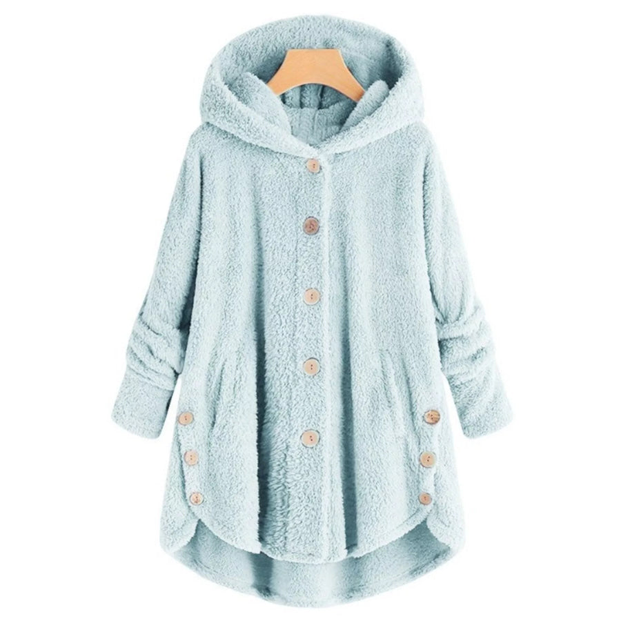 Full Size Fleece Button-Down Hooded Outerwear Plus Light Blue / S Apparel and Accessories