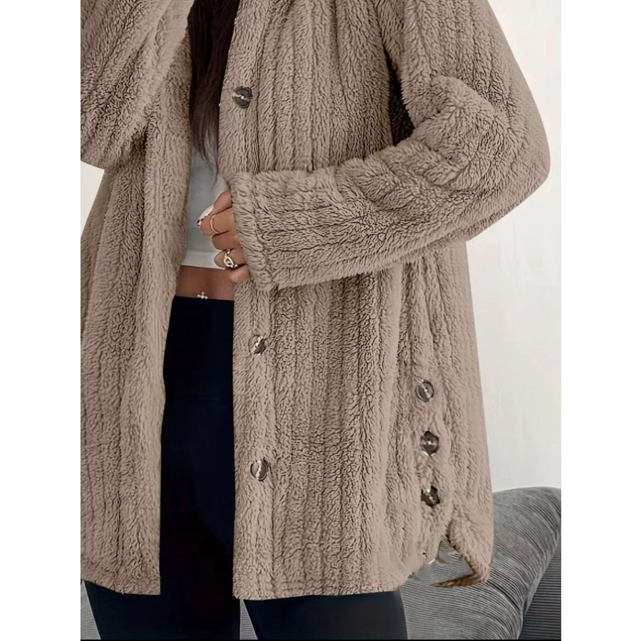 Full Size Fleece Button Up Hooded Outerwear Plus Size Apparel and Accessories