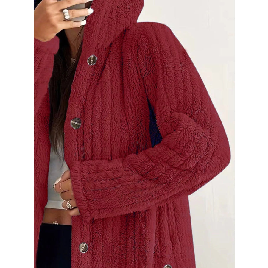 Full Size Fleece Button Up Hooded Outerwear Plus Size Apparel and Accessories
