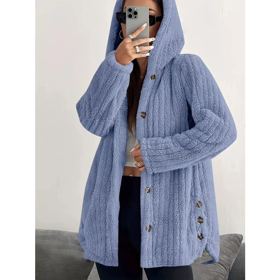 Full Size Fleece Button Up Hooded Outerwear Plus Size Apparel and Accessories