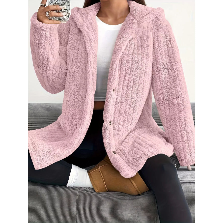 Full Size Fleece Button Up Hooded Outerwear Plus Size Apparel and Accessories