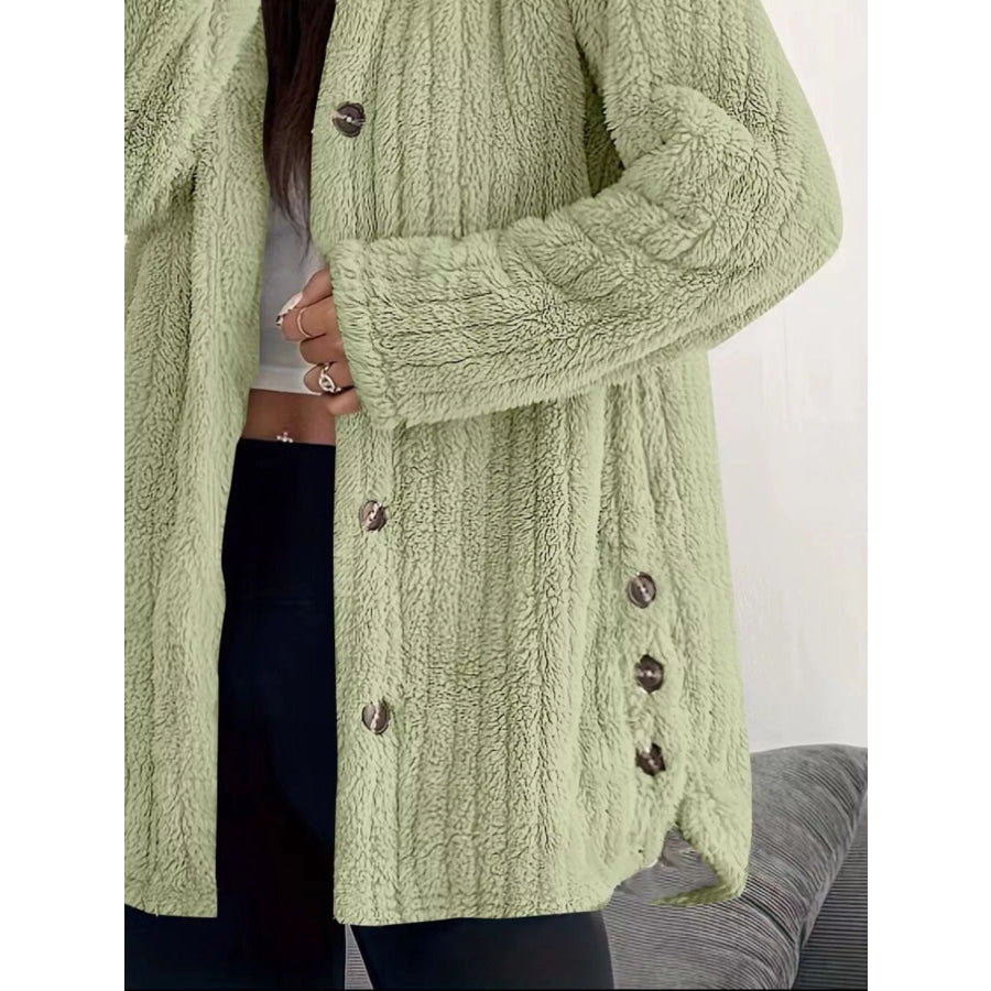 Full Size Fleece Button Up Hooded Outerwear Plus Size Apparel and Accessories