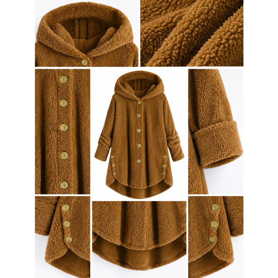 Full Size Fleece Button Up Hooded Outerwear Plus Apparel and Accessories