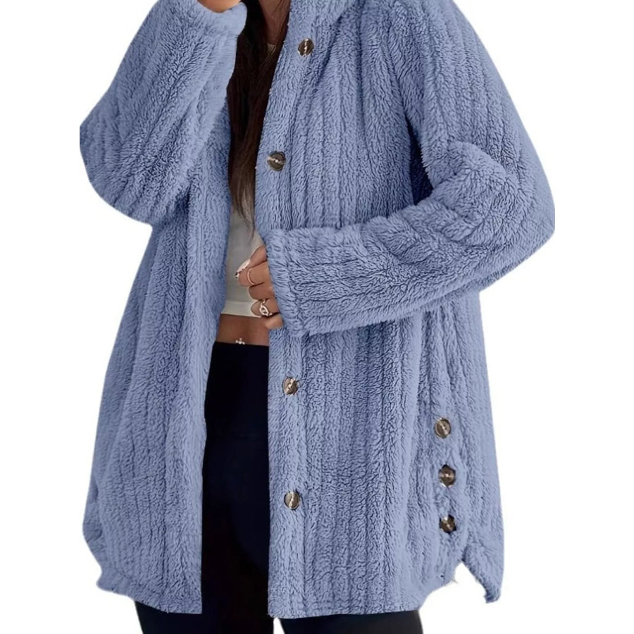 Full Size Fleece Button Up Hooded Outerwear Plus Size Apparel and Accessories