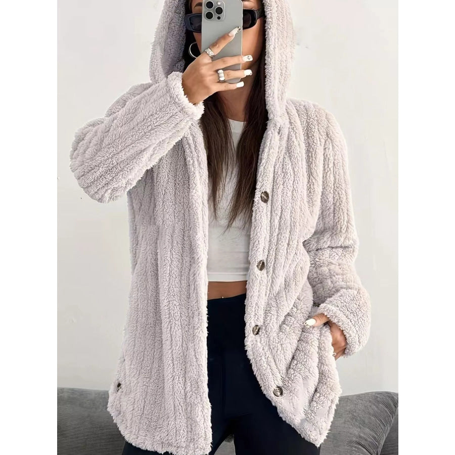 Full Size Fleece Button Up Hooded Outerwear Plus Size Apparel and Accessories