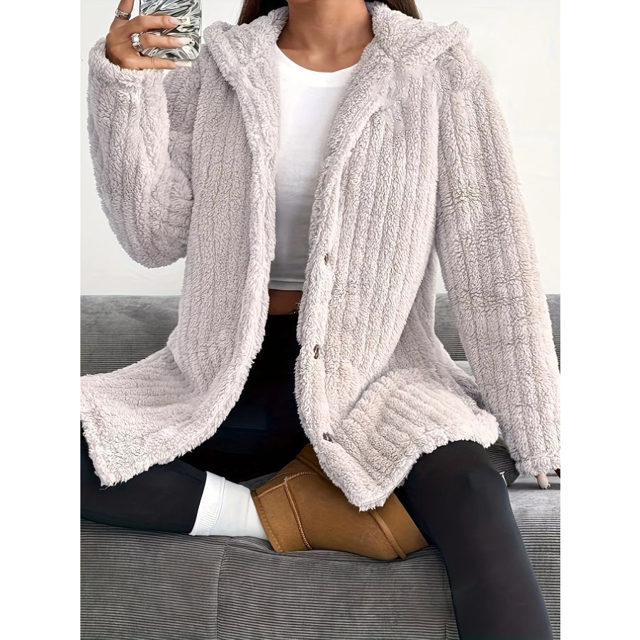 Full Size Fleece Button Up Hooded Outerwear Plus Size Apparel and Accessories