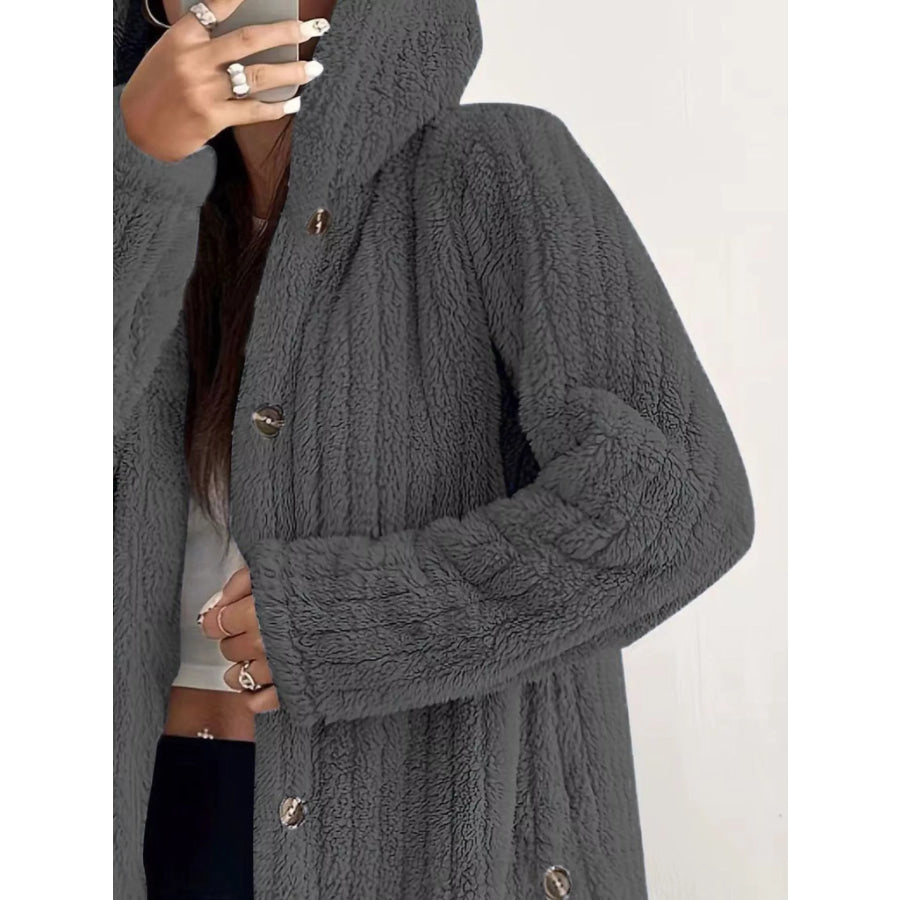Full Size Fleece Button Up Hooded Outerwear Plus Size Apparel and Accessories