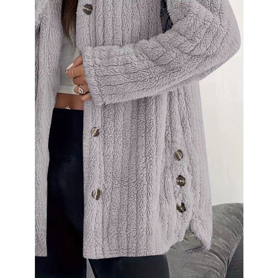 Full Size Fleece Button Up Hooded Outerwear Plus Size Apparel and Accessories
