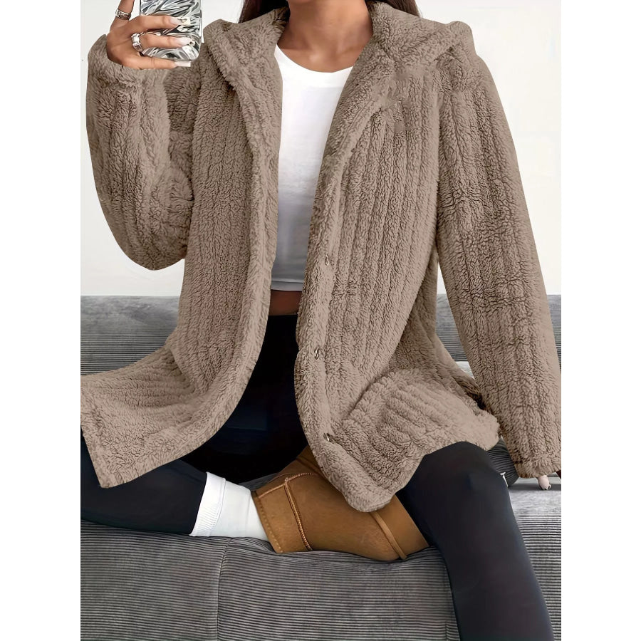Full Size Fleece Button Up Hooded Outerwear Plus Size Apparel and Accessories